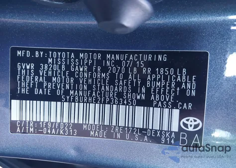 2015 Toyota Corolla S Plus z USA, uszkodzony, nr VIN 5YFBURHE2FP363450